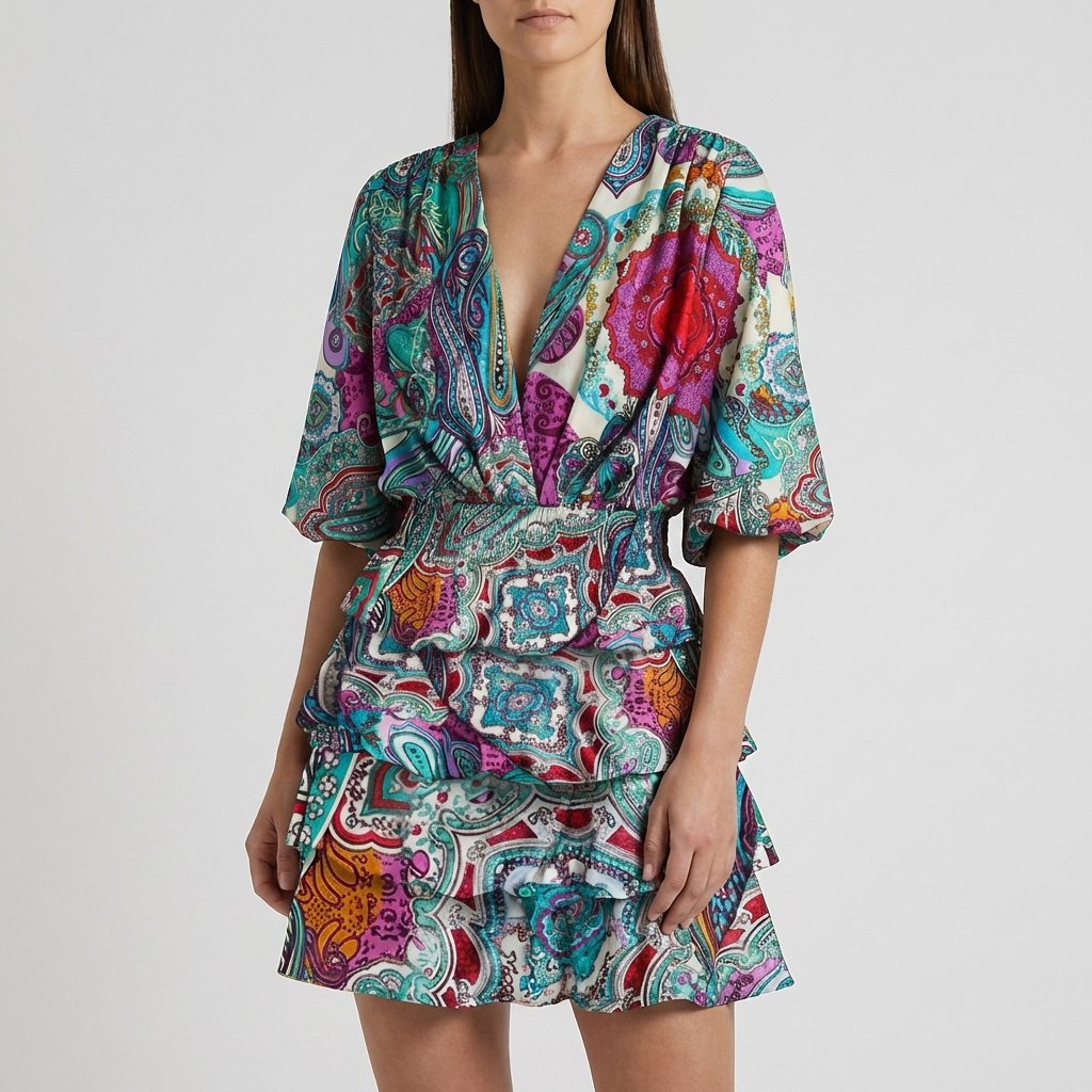 Floral Print Ruffle Tiered Wrap Dress