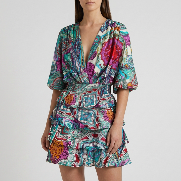 Floral Print Ruffle Tiered Wrap Dress