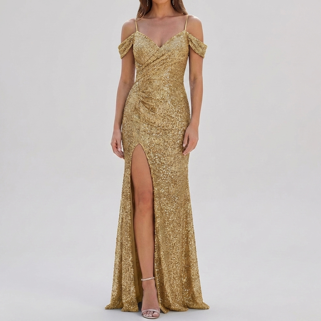 Elegant Sequin Off Shoulder Maxi Dress