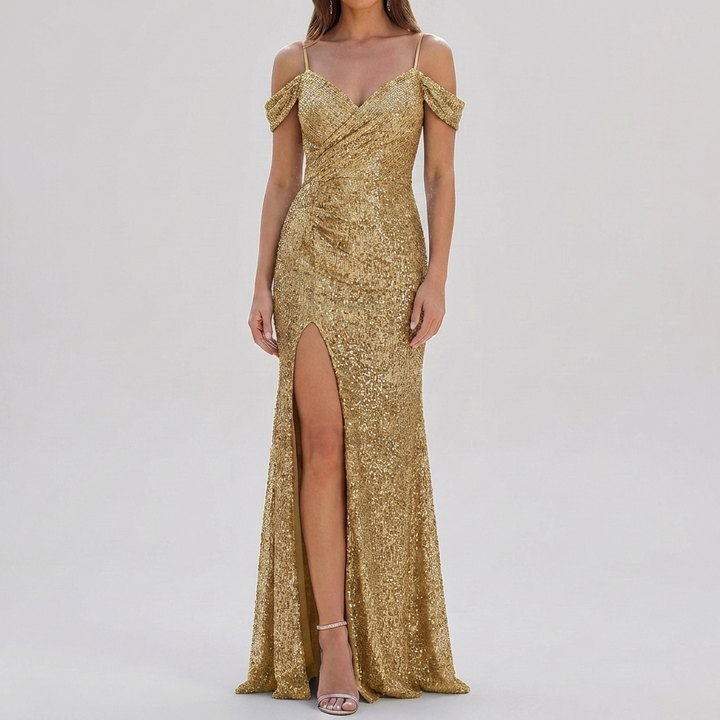 Elegant Sequin Off Shoulder Maxi Dress