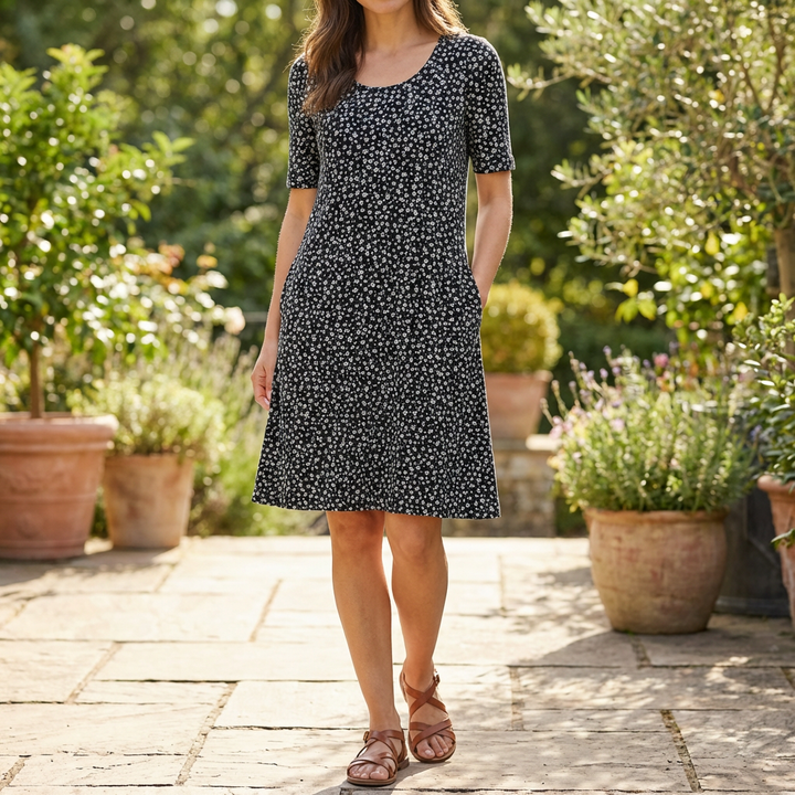 Floral High Waist Midi Dress with Pockets