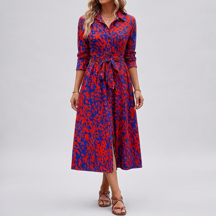 Printed A Line Shirt Dress with Slit for Women