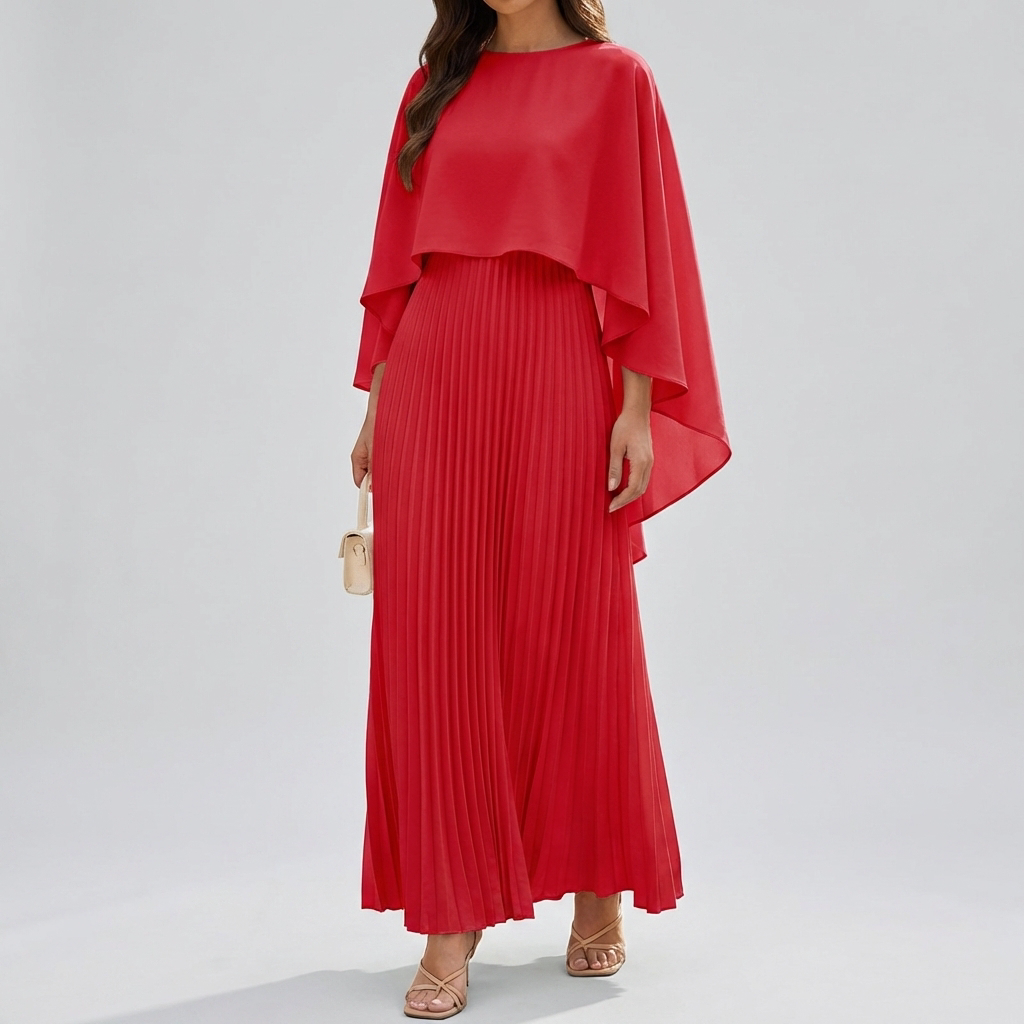 Flowing Pleated Batwing Sleeve Maxi Dress