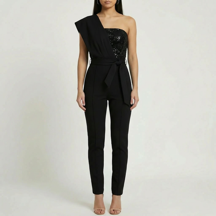 One-Shoulder Sequin-Bodice Jumpsuit