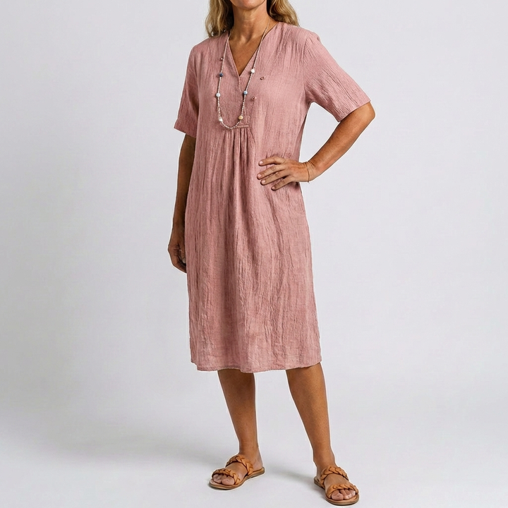 Relaxed Beach Dress with V‑Neck and  Short Sleeves