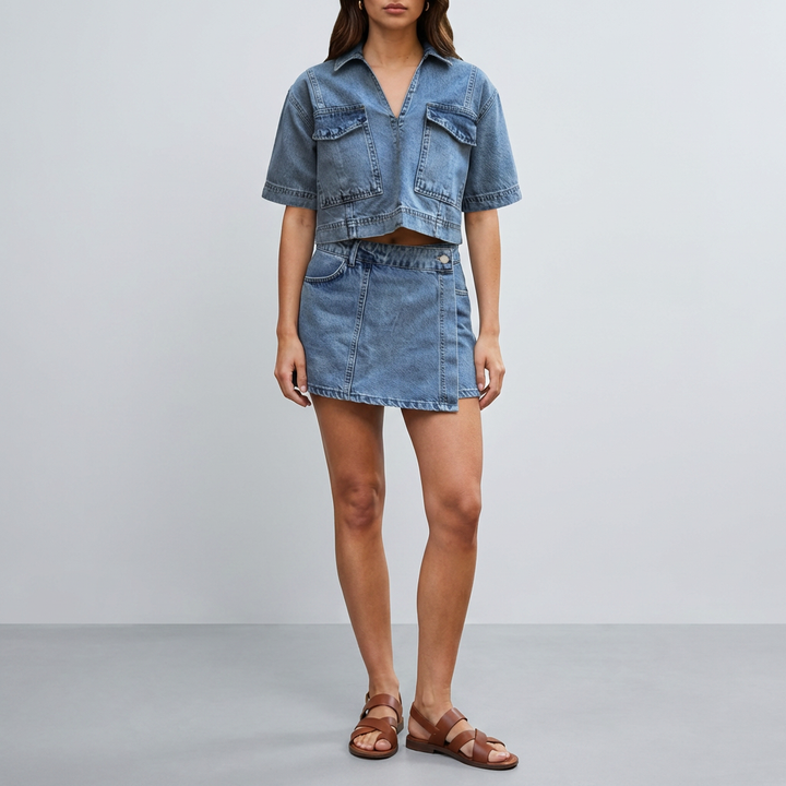 Two-Piece Denim Set with Top and Skirt