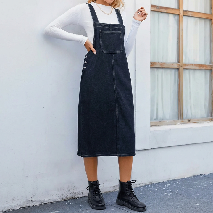 Women Midi Denim Pinafore Dress