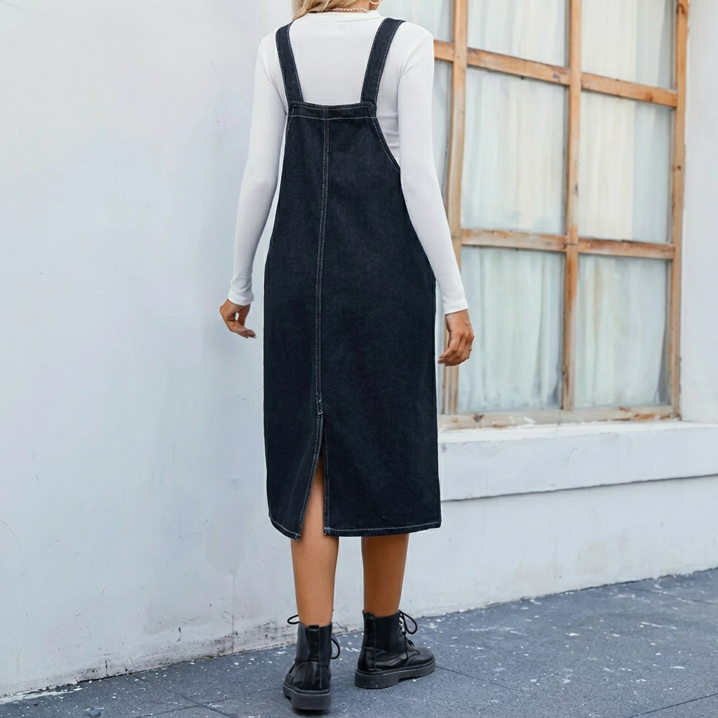 Women Midi Denim Pinafore Dress