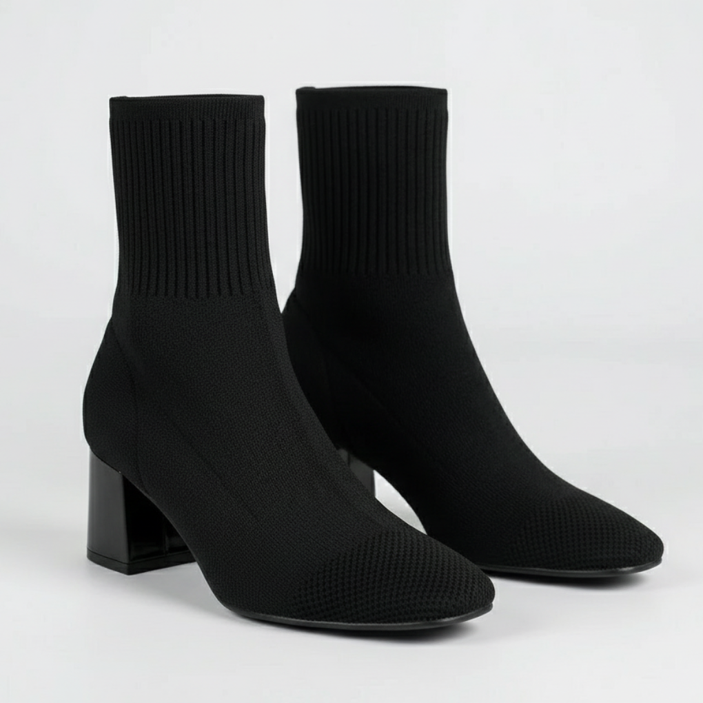 Knit Ankle Sock Boot With Square Heel