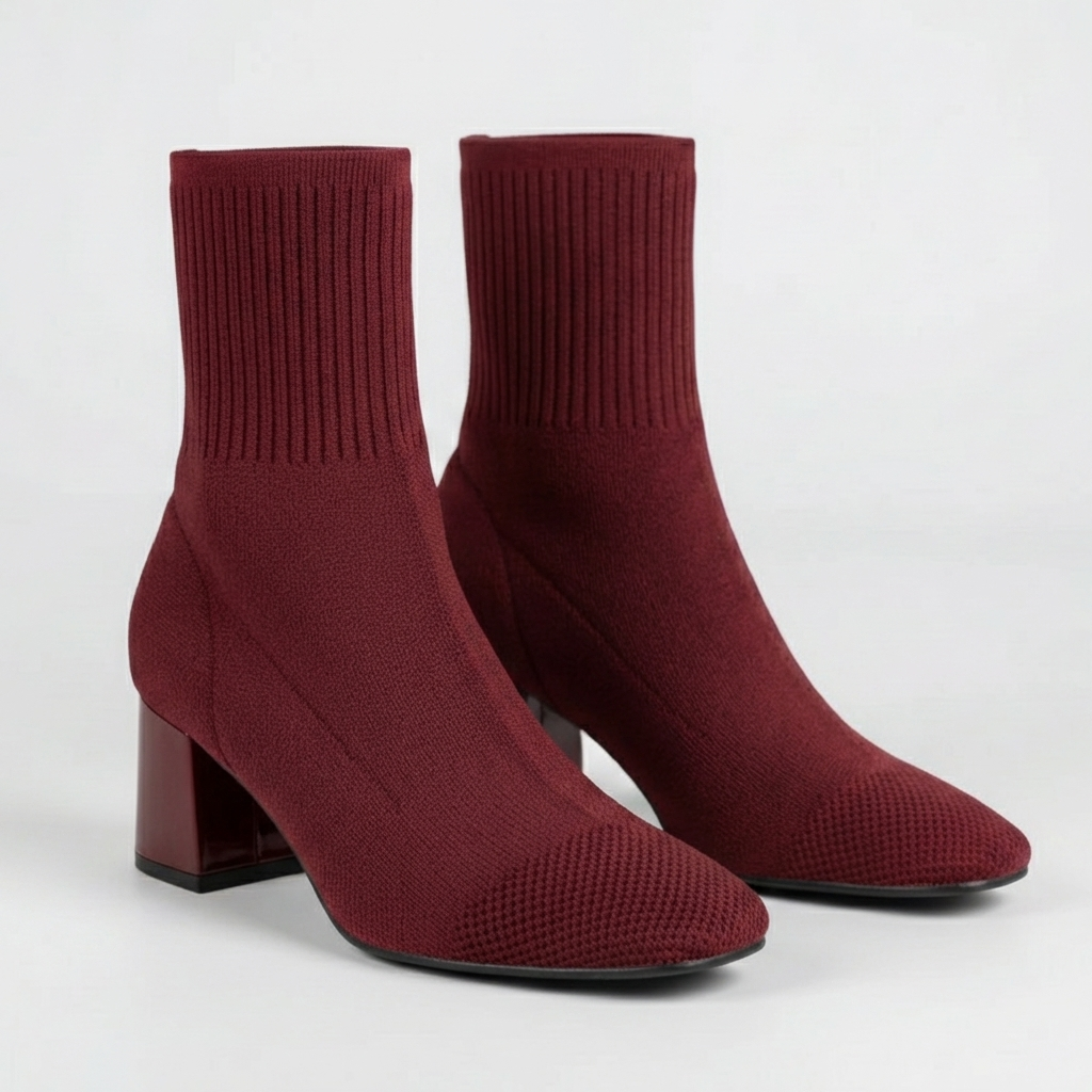 Knit Ankle Sock Boot With Square Heel
