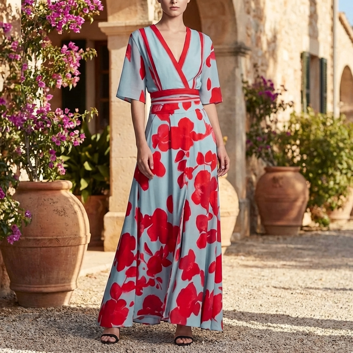 Women’s Long Floral V‑Neck Dress