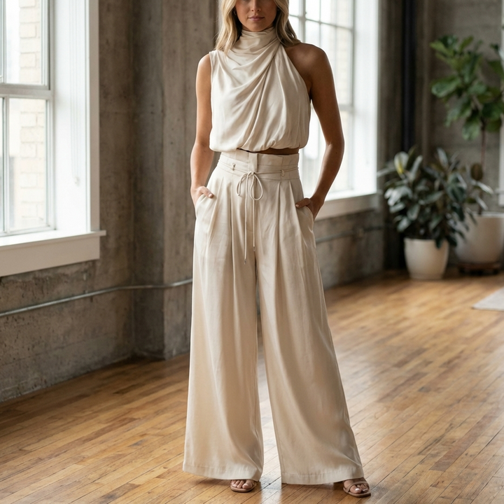 Draped Halter Top And Wide-Leg Trouser Set for Women