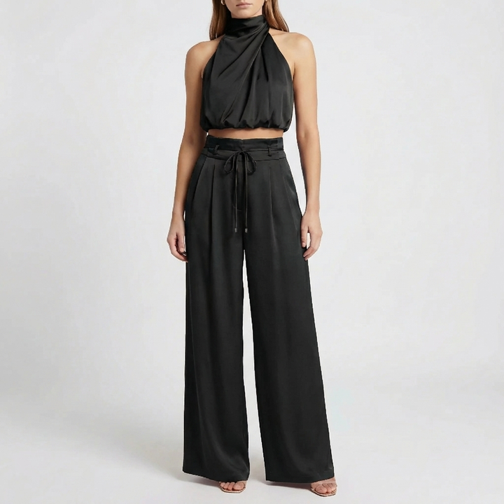 Draped Halter Top And Wide-Leg Trouser Set for Women