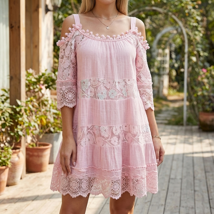 Summer Mini Dress with Crochet Lace and Embroidery for Women