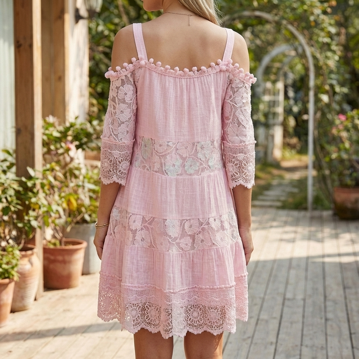 Summer Mini Dress with Crochet Lace and Embroidery for Women