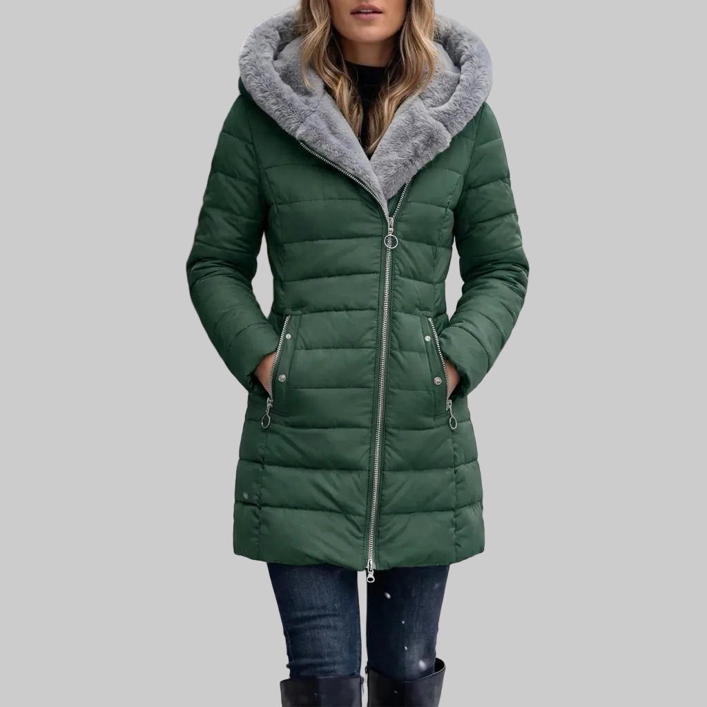 Quilted Hooded Mid-Length Winter Coat for Women