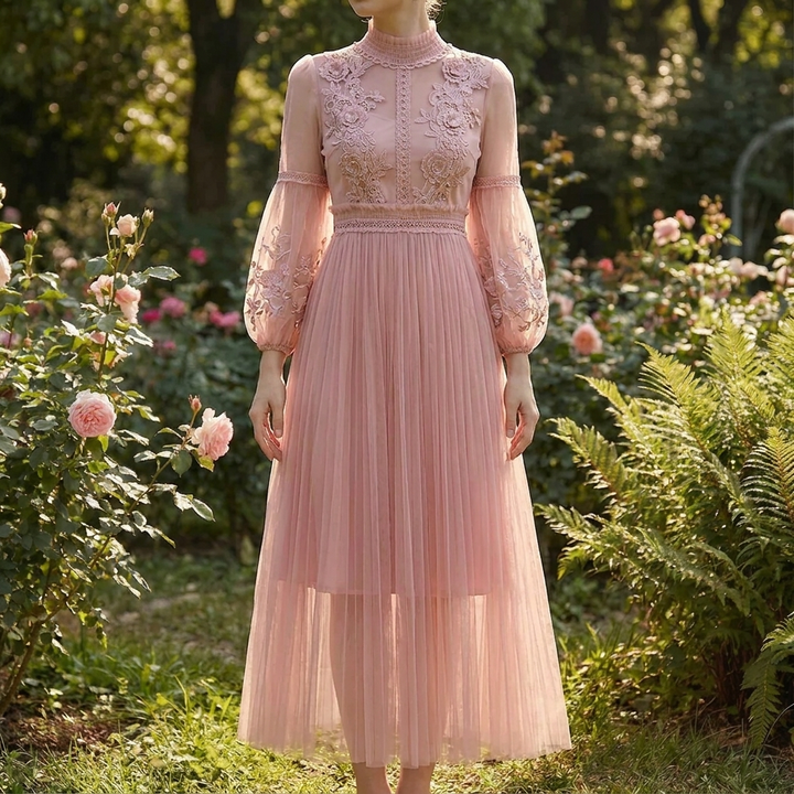 Floral Appliqué Mesh Midi Dress