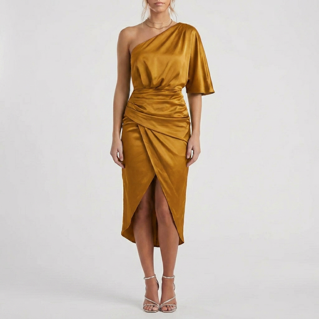 One-Shoulder Satin-Finish Midi Dress