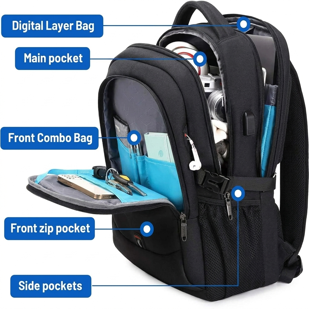 Waterproof laptop and travel backpack with organized compartments