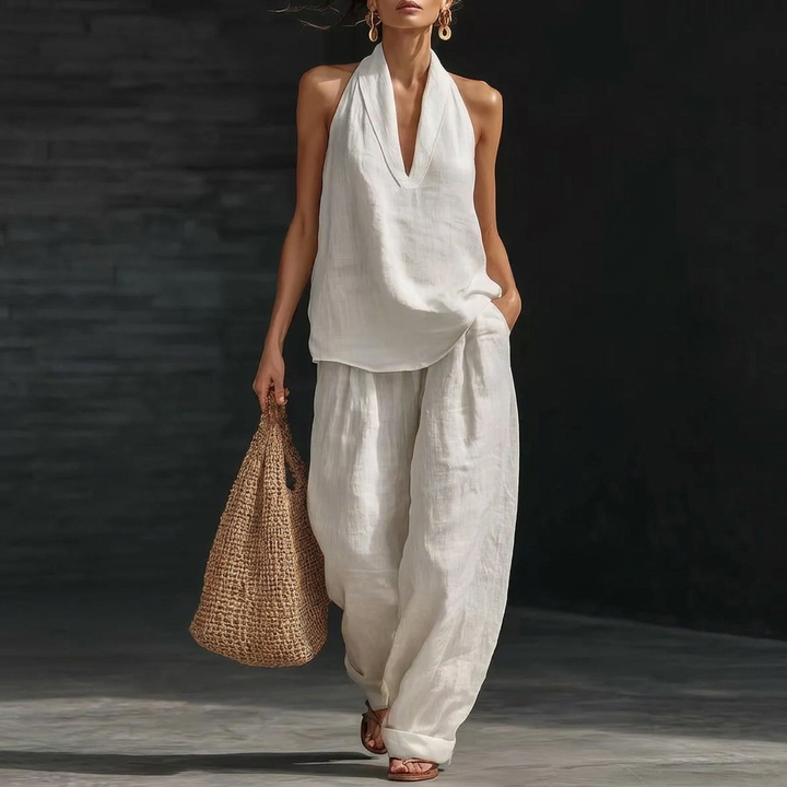 Modern Casual V-Neck Halter &amp; Straight Pants Set