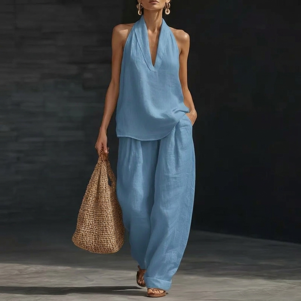 Modern Casual V-Neck Halter &amp; Straight Pants Set