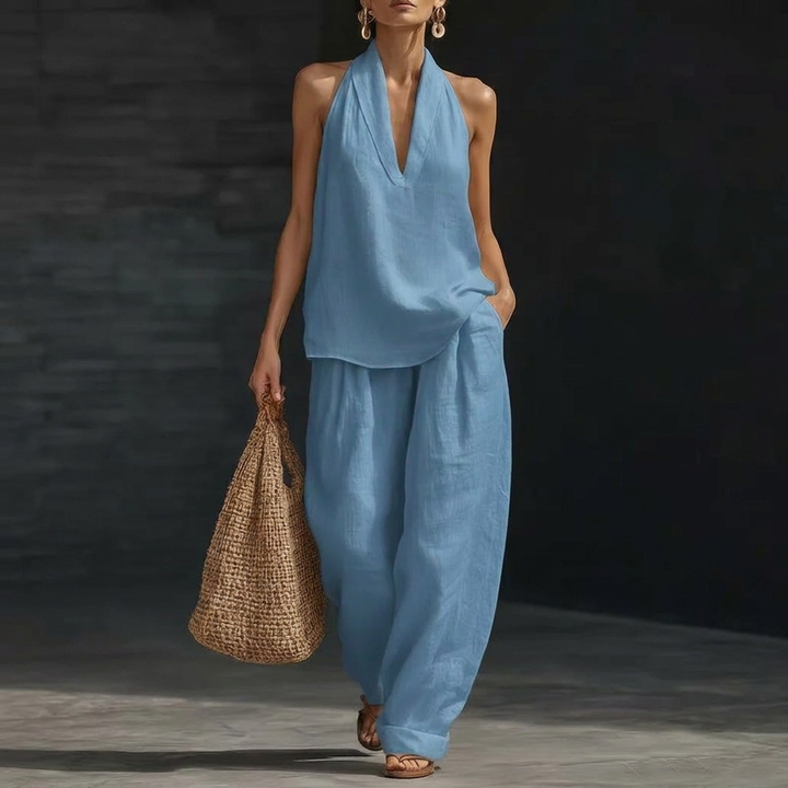 Modern Casual V-Neck Halter &amp; Straight Pants Set