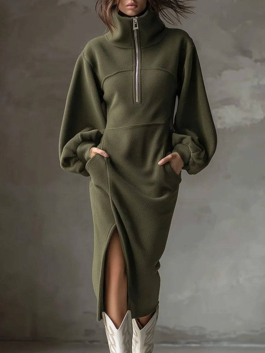 Minka Women's Fleece Lantern Sleeve Midi Dress