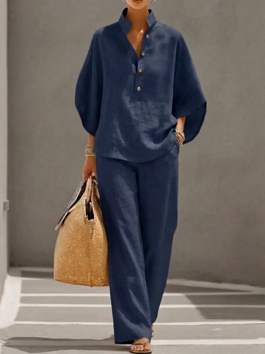 Nadia Women's Linen Batwing Sleeve Wide Leg Set