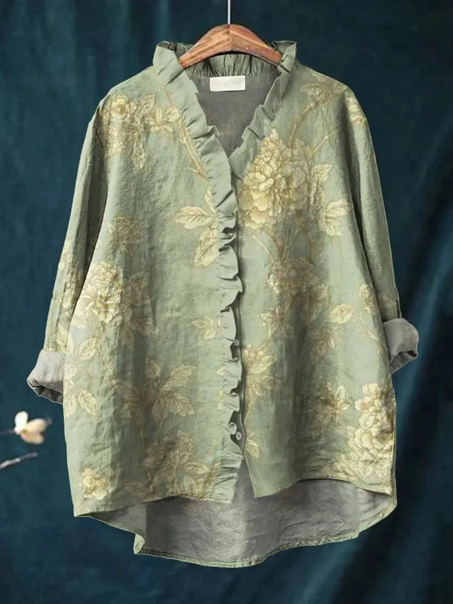 Posy Women's Floral Linen Ruffle Button-Down Blouse