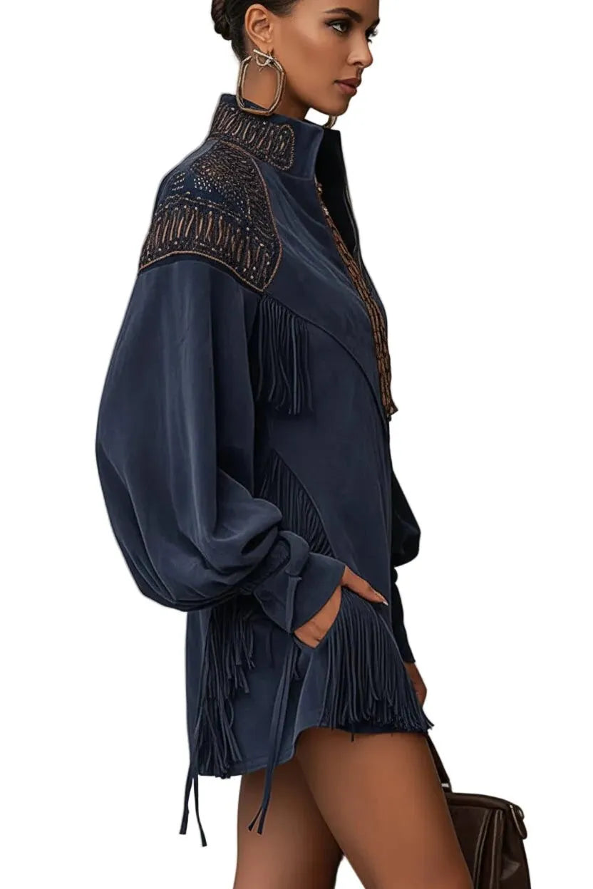 Serena Women's Faux Suede Embroidered Fringe Mini Dress