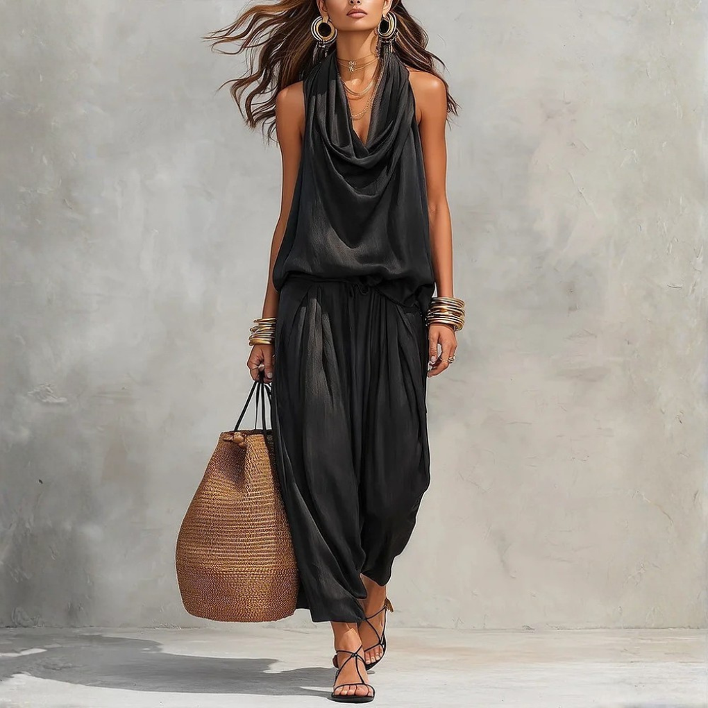 Womens Draped-Neck Vest And Casual Pants Set