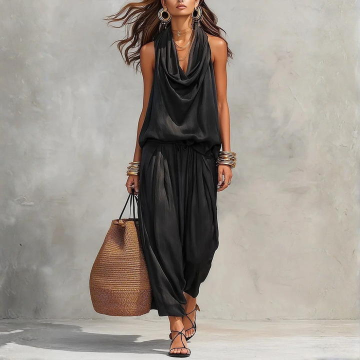 Womens Draped-Neck Vest And Casual Pants Set