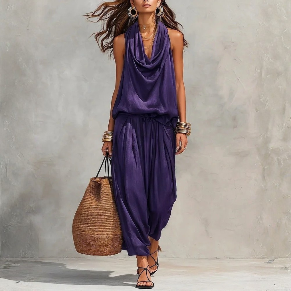 Womens Draped-Neck Vest And Casual Pants Set