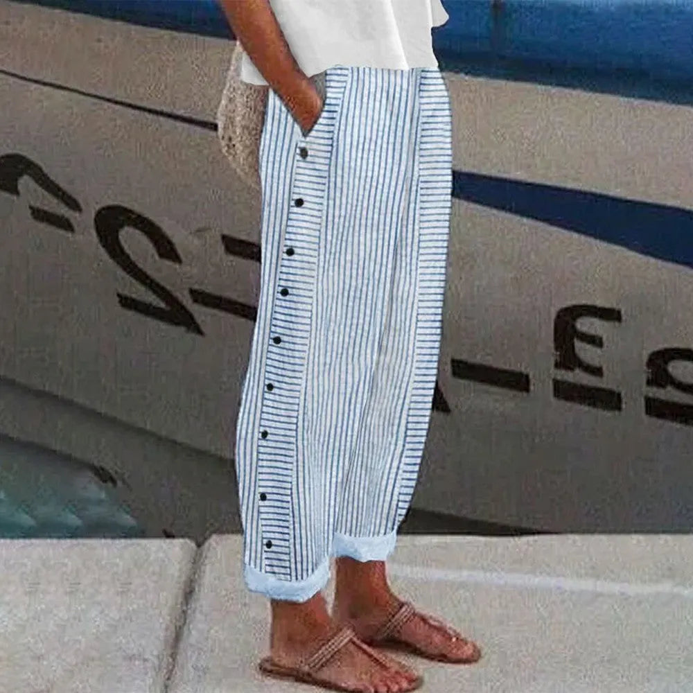 Women's Striped Button Front Wide Leg Pants