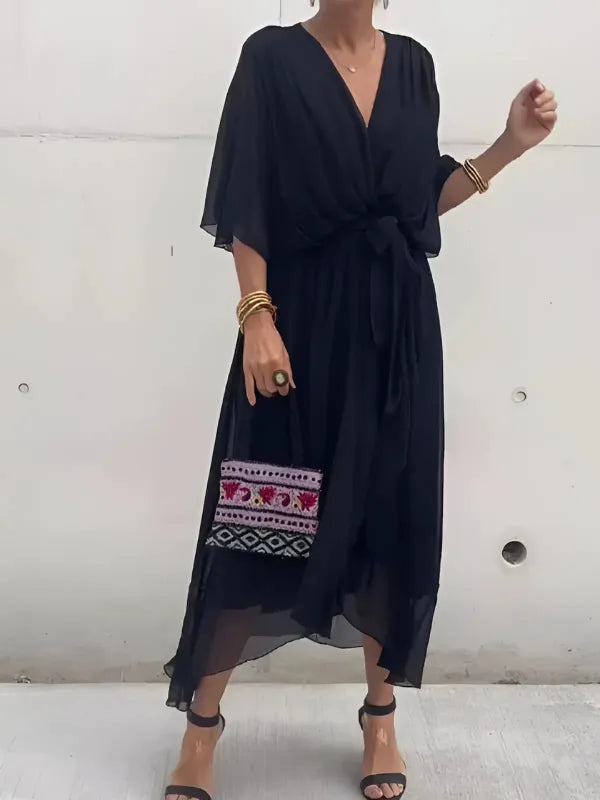 Women's V-Neck Belted Midi Dress